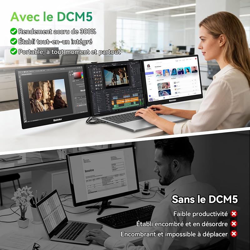 DCM5 Double Ecran PC Portable 14" FHD 1080P IPS Certifié TÜV Multi Triple Ecran PC Extension Ecran pour 13-17,3" Ordinateur Portable Compatible avec Mac, Windows, Chrome, Android