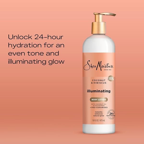SHEAMOISTURE ILLUMINATING BODY LOTION WITH COCONUT OIL, HIBISCUS, NIACINAMIDE AND PRO-CERAMIDES, INSTANTLY ENHANCING SKIN’S NATURAL GLOW, 24H MOISTURIZING 16 OZ