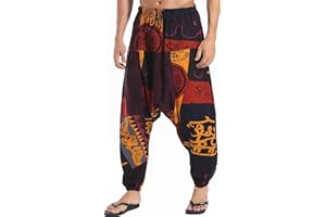 perdontoo Mens Harem Pants Loose Fit Elastic Waist Drawstring Aladdin Hippie Trousers