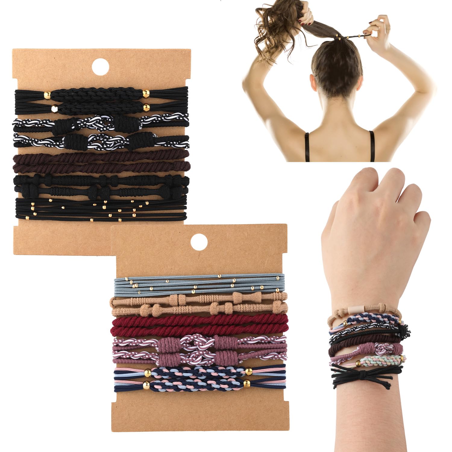 BOXOB 20pcs Boho Hair Ties for Women, 5 Styles Cute Hair Ties Bracelets for Thick Thin Hair Pony Tails, Dark Colors