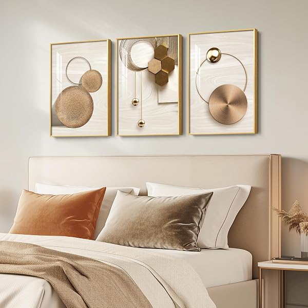 FRAMED MODERN LUXURY GOLD WALL ART, 3 PIECE BRIGHT STYLE ART PRINTS PAINTINGS ARTWORK FOR WALLS, BRONZE GOLD GEOMETRIC PICTURES FOR LIVING ROOM DINING ROOM BEDROOM WALL DECOR 16X24 IN