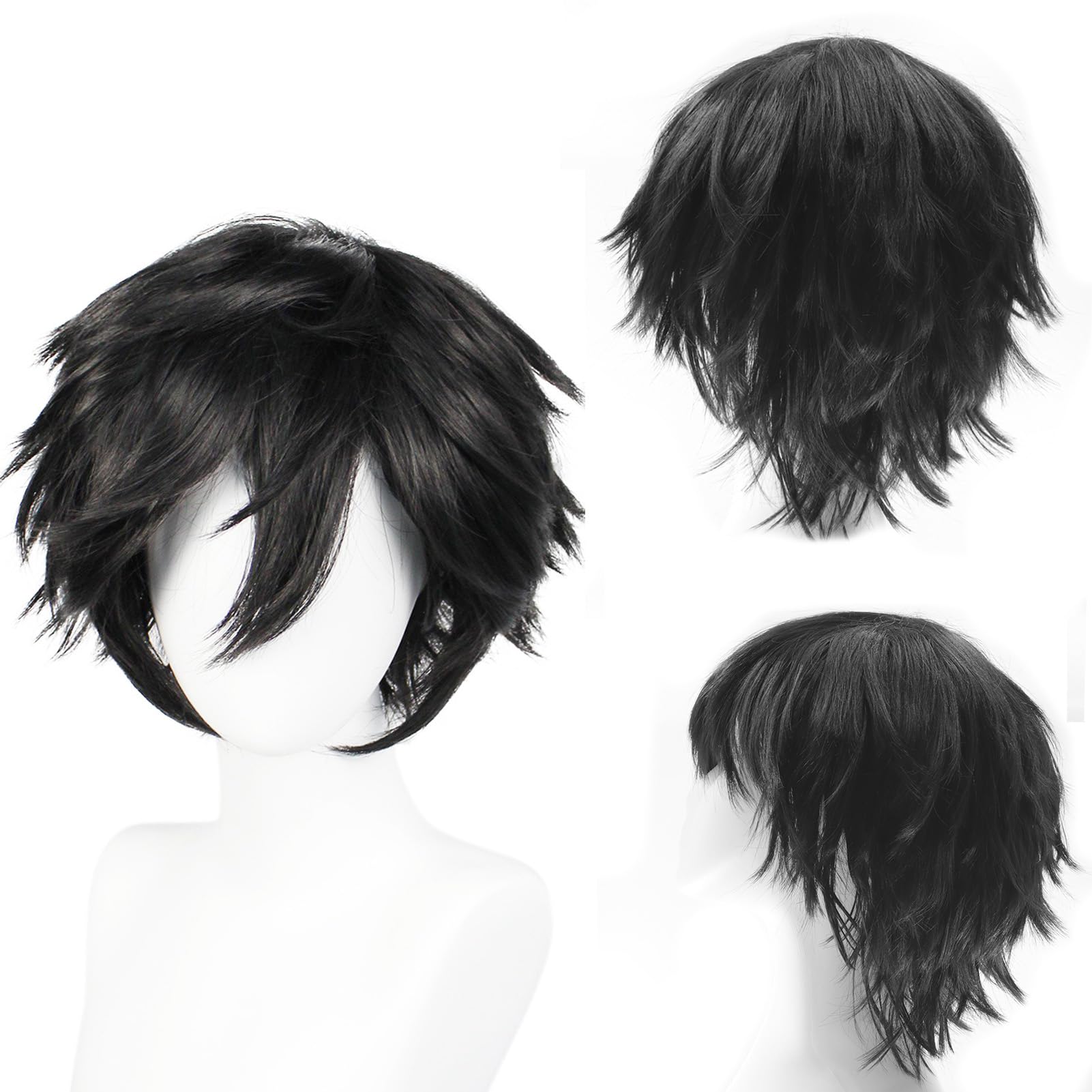Dcbaboo Black Wig Short Curly Wig Men/Women Wigs Anime Cosplay Wig 12" Natural Fluffy Layered Straight Hair Unisex Halloween Wig Fancy Dress Synthetic Full Wig with Wig Cap