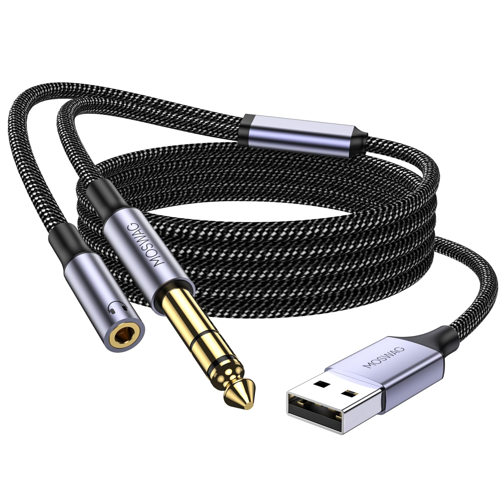 MOSWAG 6.35mm to USB Audio Cable, 1/4 Inch Male to USB A cable for Recording with Listening Nylon Braided Musical Instrument Cable for Musical Recording, Listening, Singing