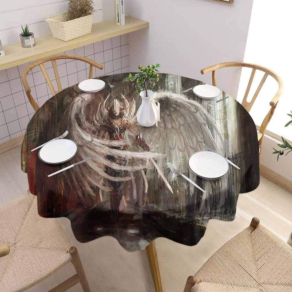 DILITECK Fantasy House Decor Collection Microfiber Round Tablecloth Cyborg Angel Girl Warrior with Sword in Gothic Ancient Historical Architecture Picnic Diameter 50 Brown White