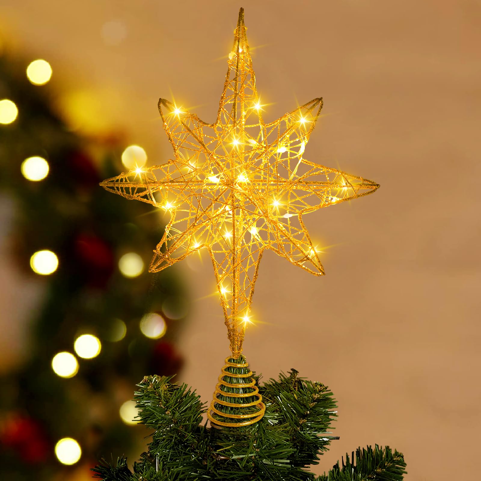 DTYDECLE Christmas Tree Topper Lighted, 13.5’’ Gold Glittered Xmas Hollow Star Treetop Toppers Ornaments with 20 LED Lights for Indoor Christmas Tree New Year Holiday Decorations