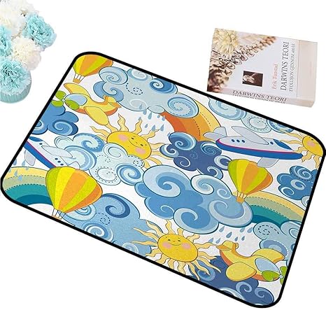 Amazon ようこそマットスカイ 子供の飛行機雲笑顔太陽飛行機と風船イラスト印刷 黄色と水色の超吸収性泥w31 Xl47 80x50cm 玄関マット オンライン通販