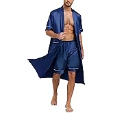 VOGMATE Men's Kimono Robe with Shorts 2 Pieces Silky Pajama Set Lightweight Satin Bathrobe Soft Sleepwear