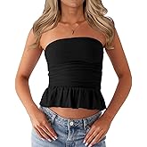 CSDAJIO Ruched Tube Tops for Women Double Lined Strapless Shirt Going Out Bubble Hem Ruffle Bandeau Top