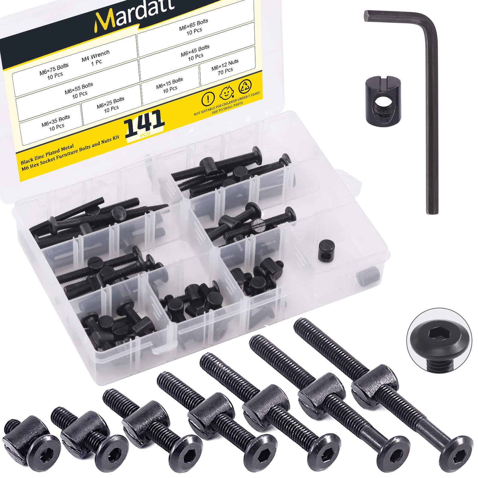 Mardatt 140Pcs M6 Crib Screws Hardware Replacement Kit Black Hex Socket Cap Bolts Crib Bolts and Barrel Nuts Cross Dowel Assortment Kit M6x15/25/35/45/55/65/75mm for Furniture