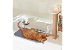 PETKARAY Cat Window Perch, Foldable Cat Hammock for Window, Cat Window Bed for Indoor Cats, Including Cat Bowl and Scratching Post, Grey