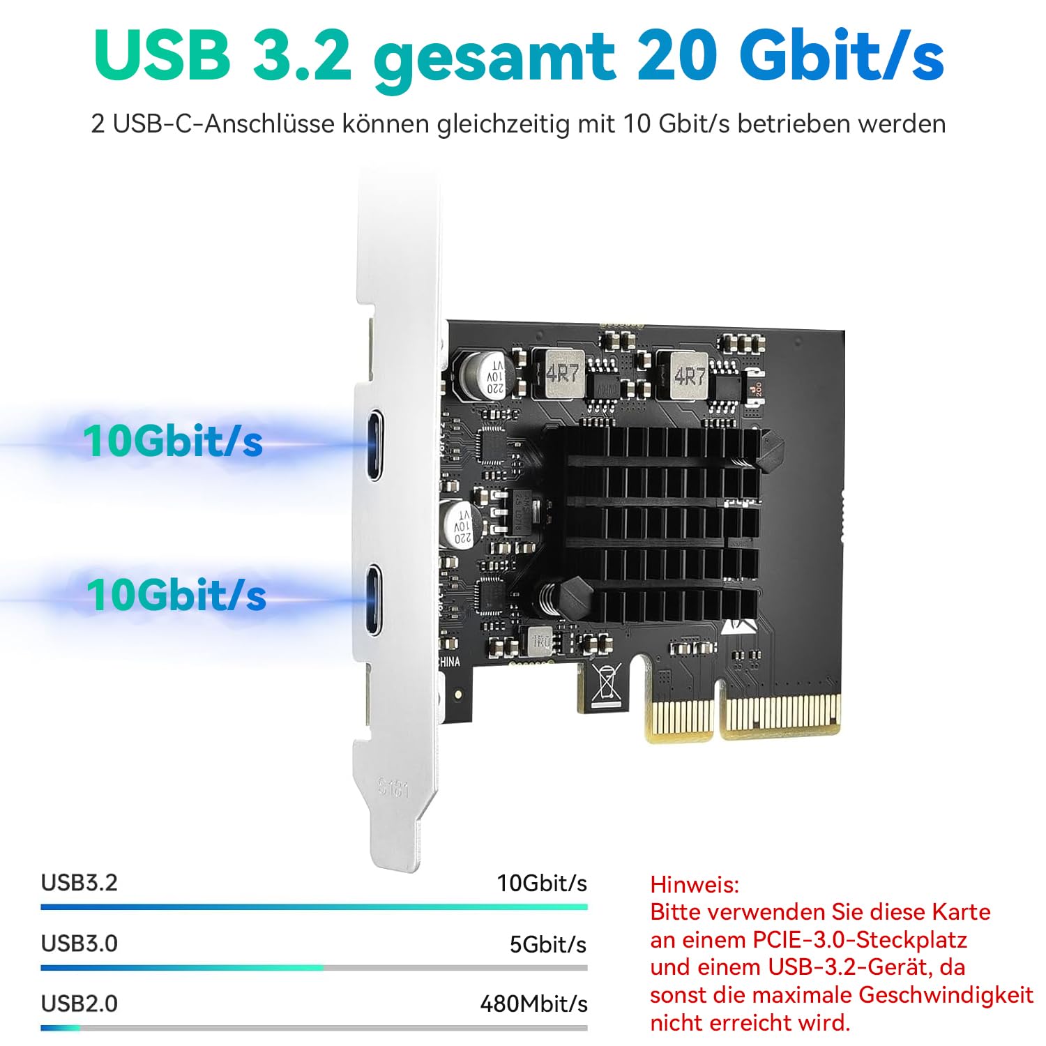 ELUTENG PCIE USB 3.2 Karte 2 Ports 2 x 10Gpbs Kompatibel mit PCIE X4/X8/X16, PCI Expree zu USB C 3.2 Gen2 Erweiterungskarte 20Gbps US B-Karte mit Großflächigem Kühlkörper für Desktop PC Windows 2