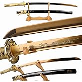 Handmade Gold Blade Japanese Samurai Sword Hand Etching engrave Gold Dragon Katana Full Tang Sharp Can Cut Bamboo Trees (Gold Dragon Katana)