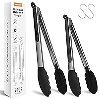 FINENUT Stainless Steel&Silicone Food Tongs Set of 2 (9+12 Inch)-BPA-Free&Non-Toxic Heat Resistant Non-Scratch BBQ&Cooking Tools,Strong Grip Locking for Grilling,Air Fryer,Salad,Dishwasher Safe