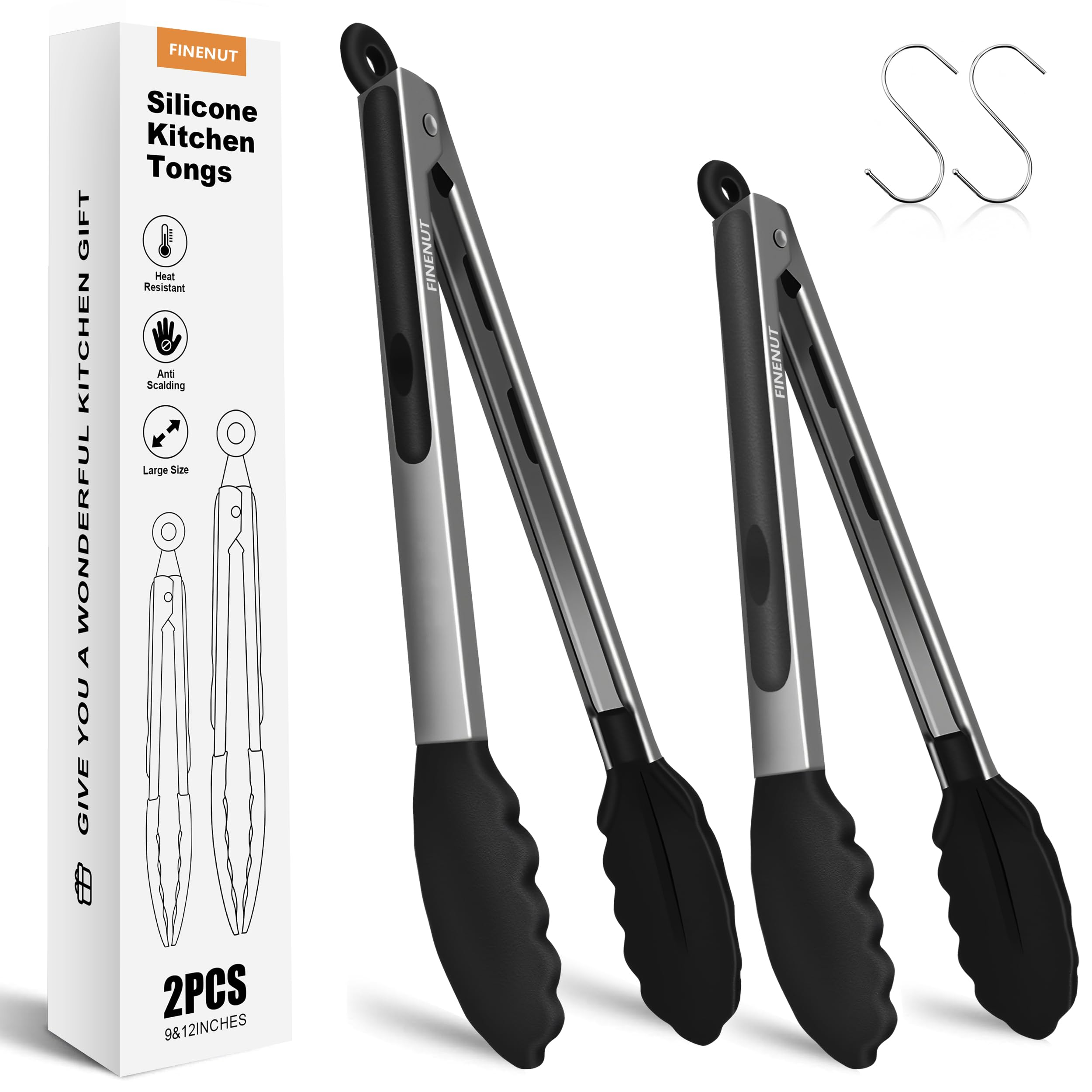 Photo 1 of FINENUT Stainless Steel&Silicone Food Tongs Set of 2 (9+12 Inch)-BPA-Free&Non-Toxic Heat Resistant Non-Scratch BBQ&Cooking Tools,Strong Grip Locking for Grilling,Air Fryer,Salad,Dishwasher Safe(Black)