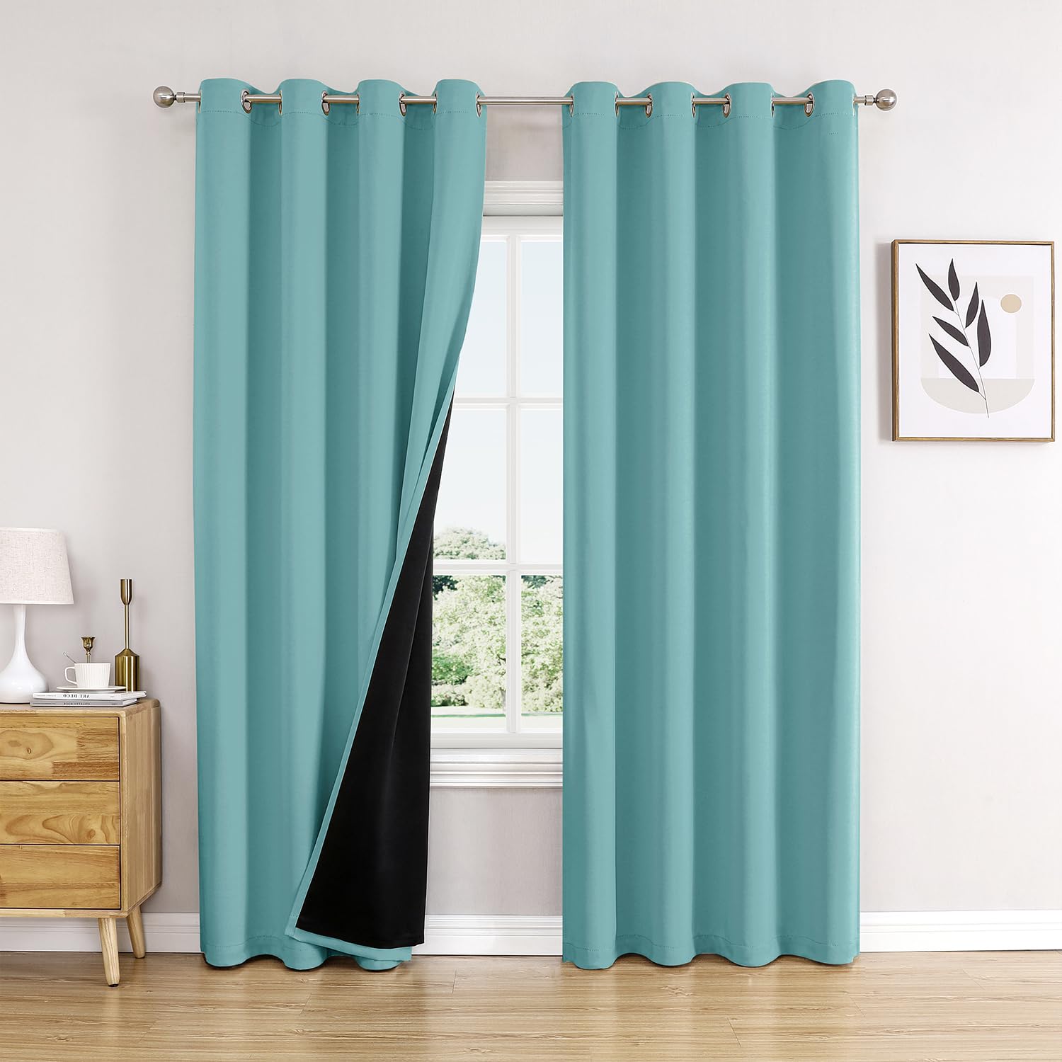 ChrisDowa 100% Blackout Curtains 102 inch Long for Bedroom with Black Liner, 2 Thick Layers Total Blackout Thermal Insulated Grommet Window Curtains 2 Panels Set (Aqua, 52 x 102 Inch) Image