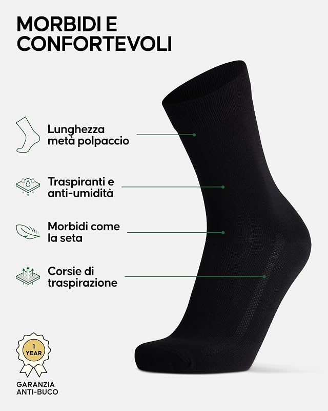 Calzini Uomo Fibra di Bambù, 6 Paia, Nero, 39-42