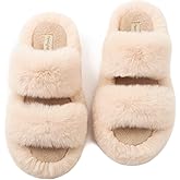 FamilyFairy Women's Fluffy Faux Fur Slippers Comfy Open Toe Two Band Slides with Fleece Lining and Rubber Sole
