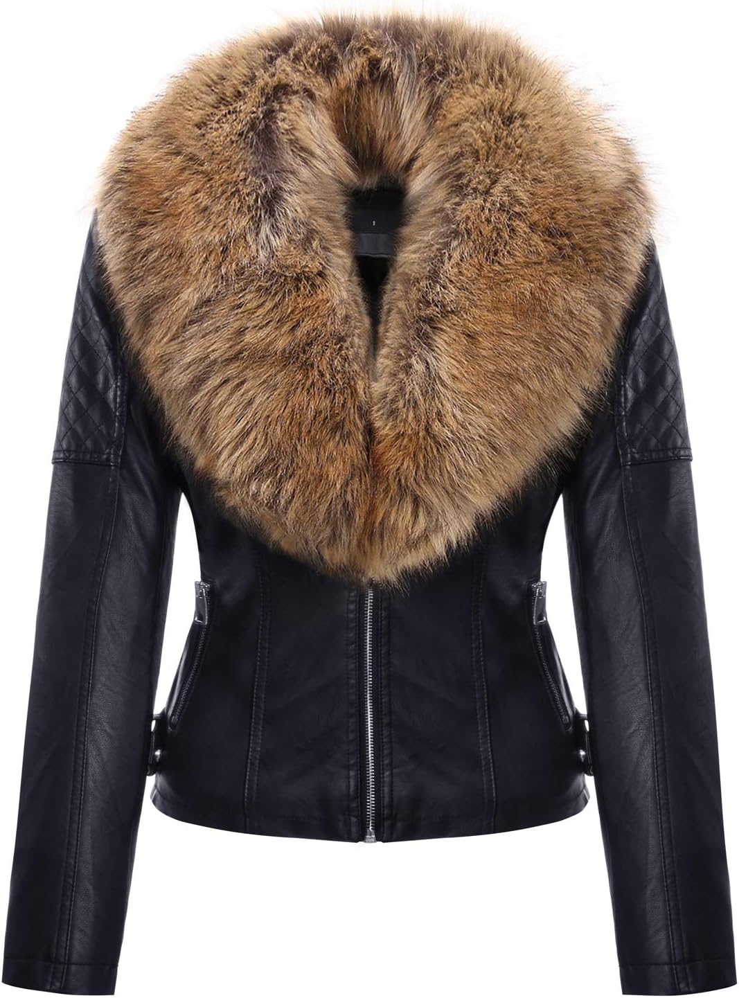 Women's Faux Leather/Suede Jacket with Detachable Faux Fur Collar, Fleece Lined Coats with Pockets