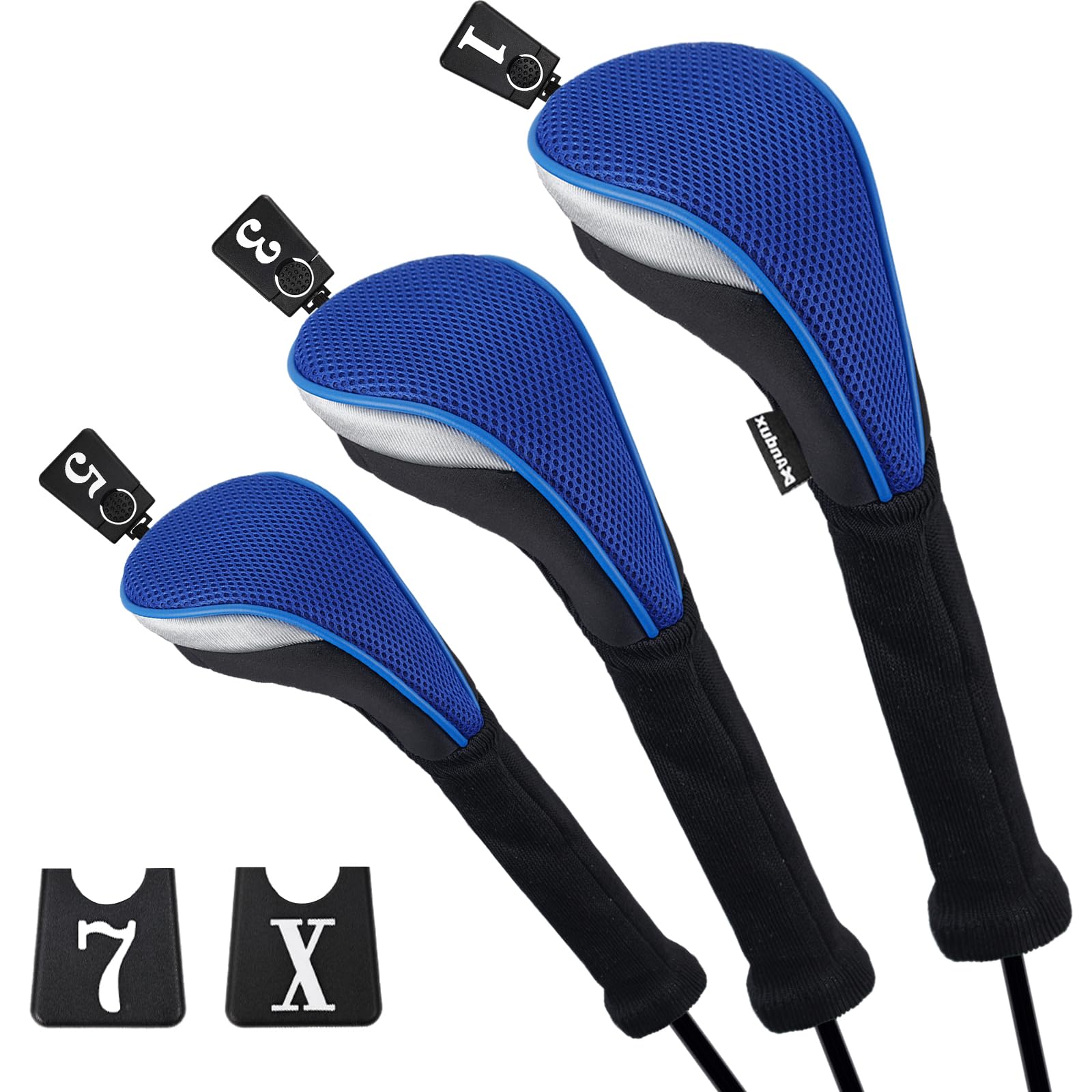 Andux Golf Fairway Wood Club Head Covers 460cc Driver Extra Long Neck 3pcs/Set Black/Blue