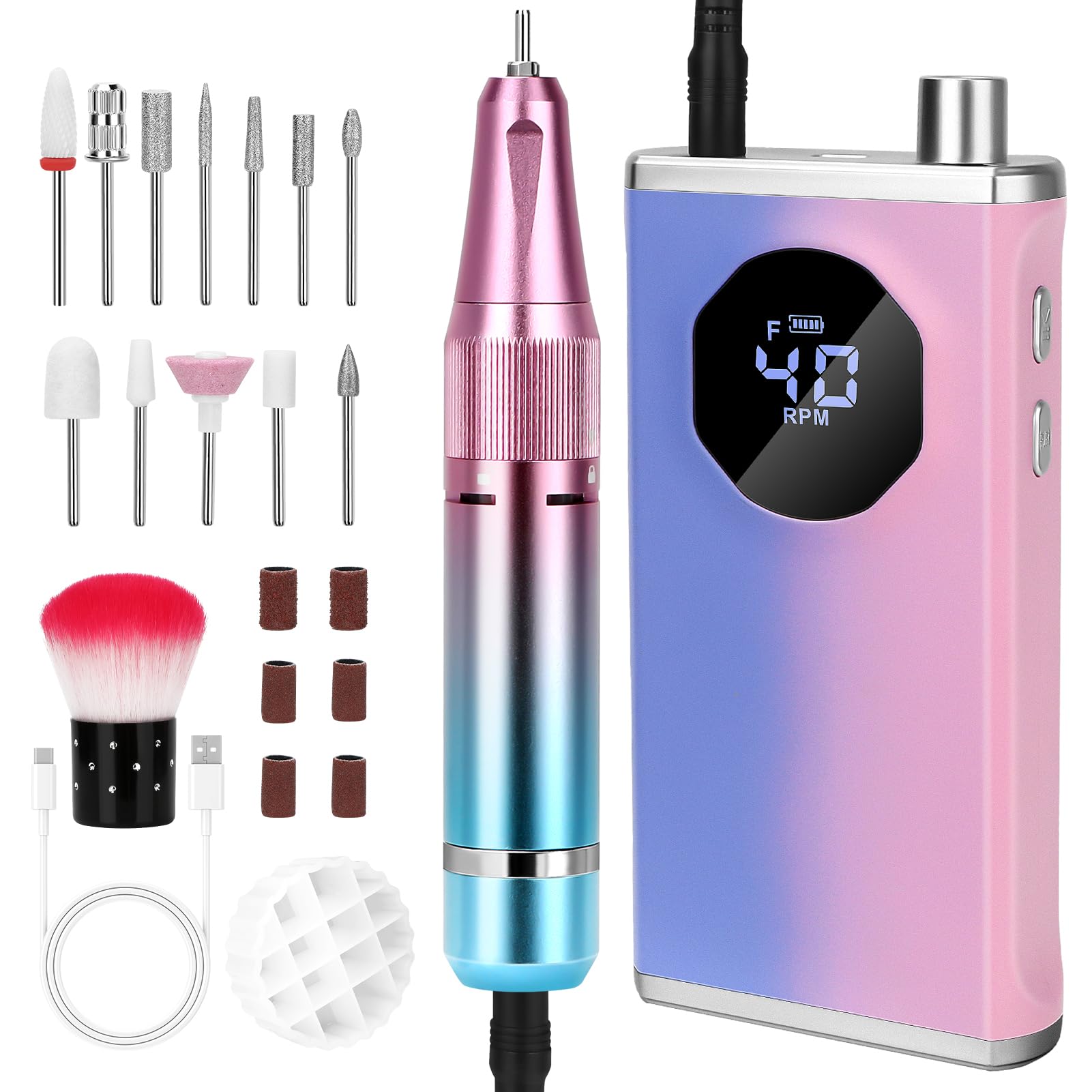 40000RMP Rechargeable Electric Nail Drill, Professional Nail Drill Machine with 12 Drill Bits,3,000mAh Electric Nail Drills,Low Noise and Heat Nail Drill for Nails Manicure Pedicure