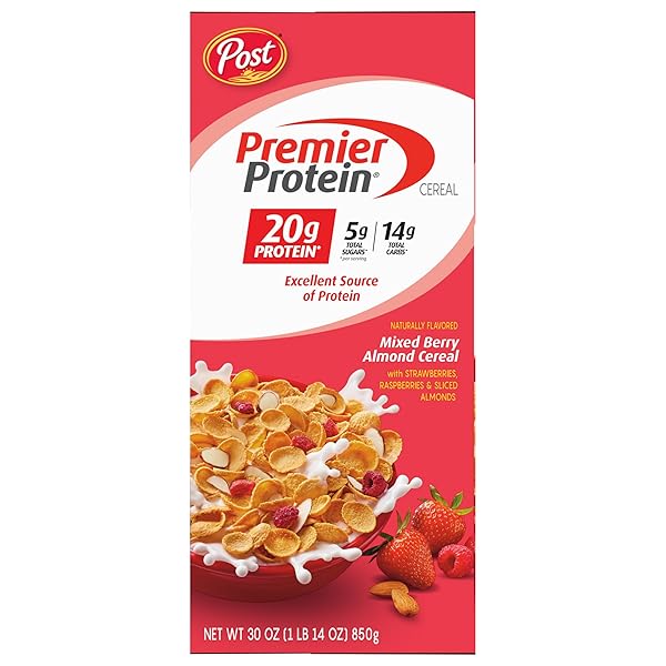 PREMIER PROTEIN MIXED BERRY ALMOND CEREAL, HIGH PROTEIN CEREAL, PROTEIN RICH BREAKFAST OR SNACK MADE WITH REAL BERRIES AND ALMONDS, 30 OUNCE – 1 COUNT