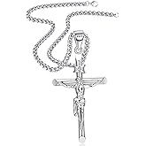 BESTEEL Sterling Silver Crucifix Necklace for Men Women - Men's Silver Crucifix Pendant Necklace with Stainless Steel Rope Chain Catholic Baptism Jesus Cross Necklace Jewelry Christian Baptism Gifts
