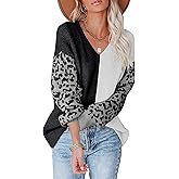 ANCAPELION Women’s V Neck Sweater Pullover Leopard Long Sleeve Basic Color Block Jumper Casual Knitted Tops