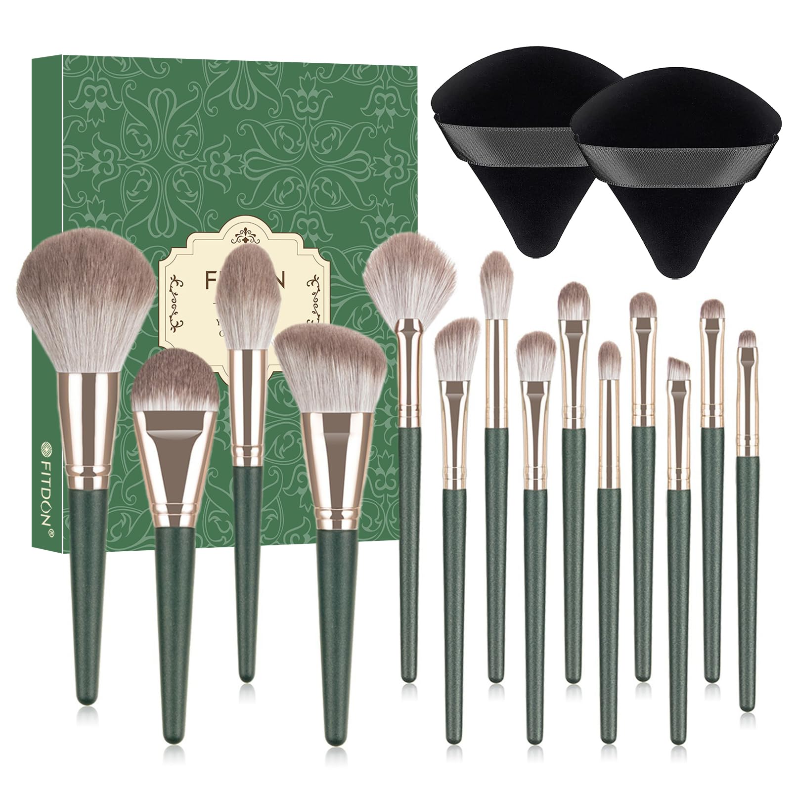 FITDON Makeup Brush, 14PCS Make Up Brushes Set Kabuki Foundation Face Powder Concealers Eyeshadow Blush Brushes with 2PCS Powder Puffs