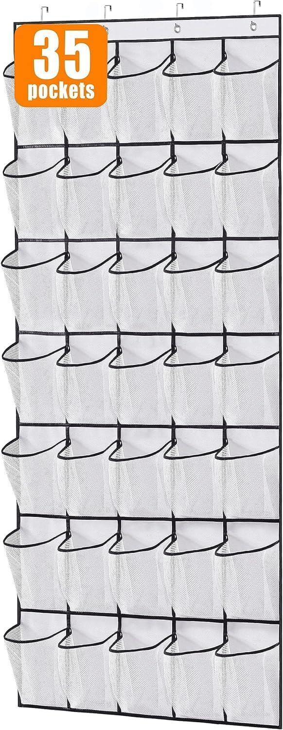 MISSLO 35 Pockets Over The Door Shoe Storage Organiser Large Oxford Hanging Shoe Rack for Door Closet Mesh Shoe Holder Hanger, White