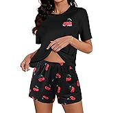Hilinker Womens Cute Graphic 2 Piece Pajamas Short Sleeve Top with Shorts Comfy Loung Set