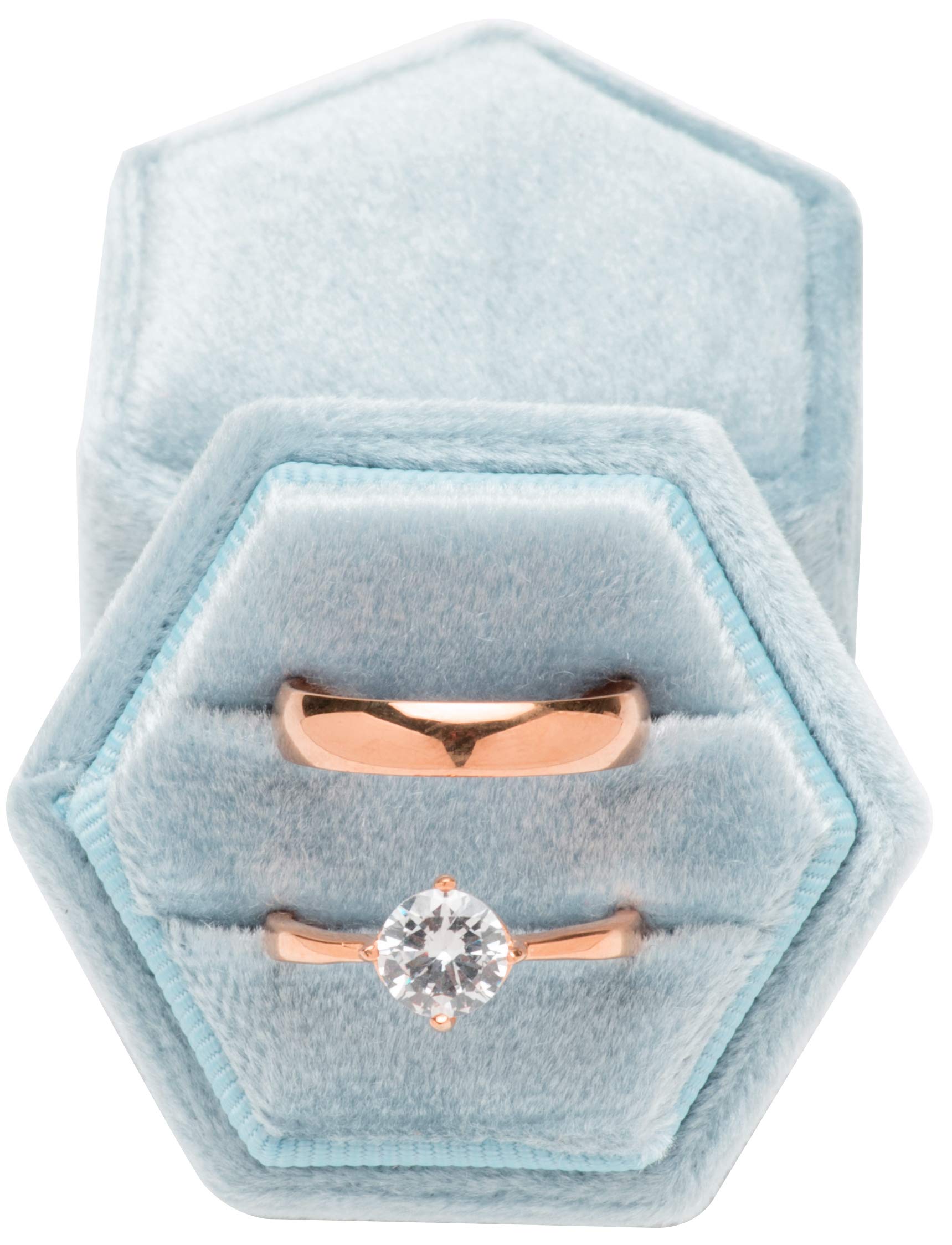 POKOFO Vintage Hexagon Velvet Bearer Box Double Ring with Detachable Lid (Light Ocean Blue)