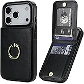 KIHUWEY for iPhone 17 Pro Case Wallet with Credit Card Holder, 360° Rotation Ring PU Leather Magnetic Clasp Kickstand Heavy Duty Protective Cover for Women and Men 6.3 Inch (Black)