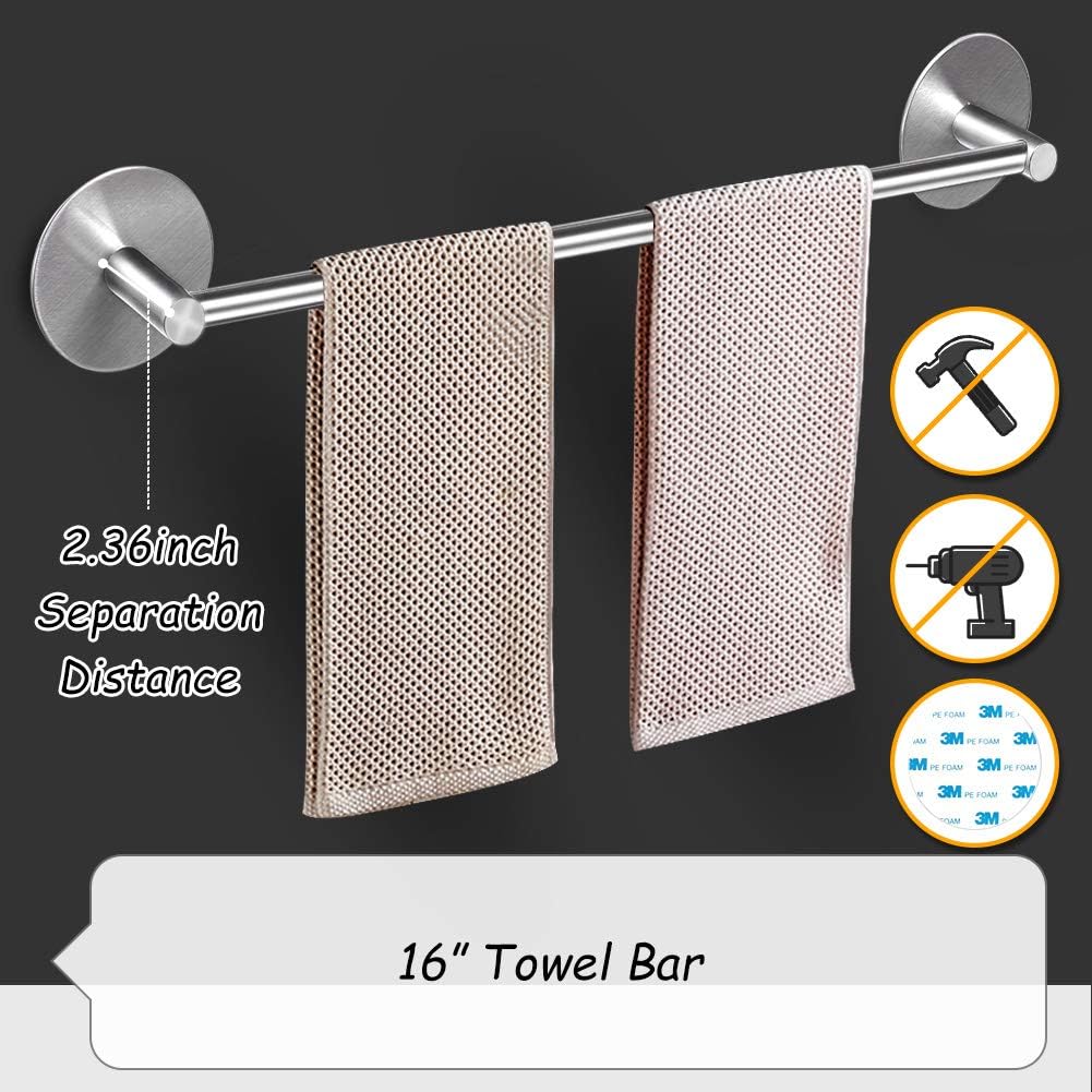 Bsicpro Bathroom Hardware Set 5-Piece Adhesive 304 Stainless Steel Bath Accessories Kit 16" Lengthen Hand Towel Bar+Toilet Paper Holder+3 Robe Towel Hooks (Brushed Nickel): Home & Kitchen