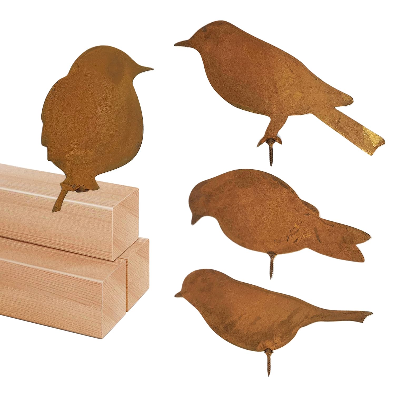 4PCS Bronze Rusty Bird Garden Decorations With Screws - Vintage Metal Ornaments - Decorative Gifts