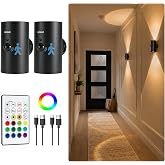 EZVALO Motion Sensor Wall Light, Rechargeable Wireless LED Sconce | 3CCT &amp; RGB, No Drill Mount, Remote, Dimmable, Magnetic, Ambient for Living Room, Bedroom, Hallway - 2 Pack, Modern Black