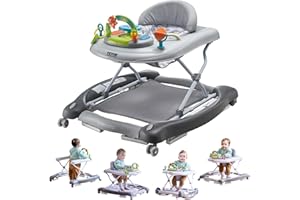 VEVOR 4-in-1 Baby Walker, Foldable Baby Activity Center with Wheels, 3 Adjustable Height, Music & Toys Tray, Learning-Seated | Walk-Behind | Rocker | Bouncer Toddler Walker for Boys Girls 6-24 Months