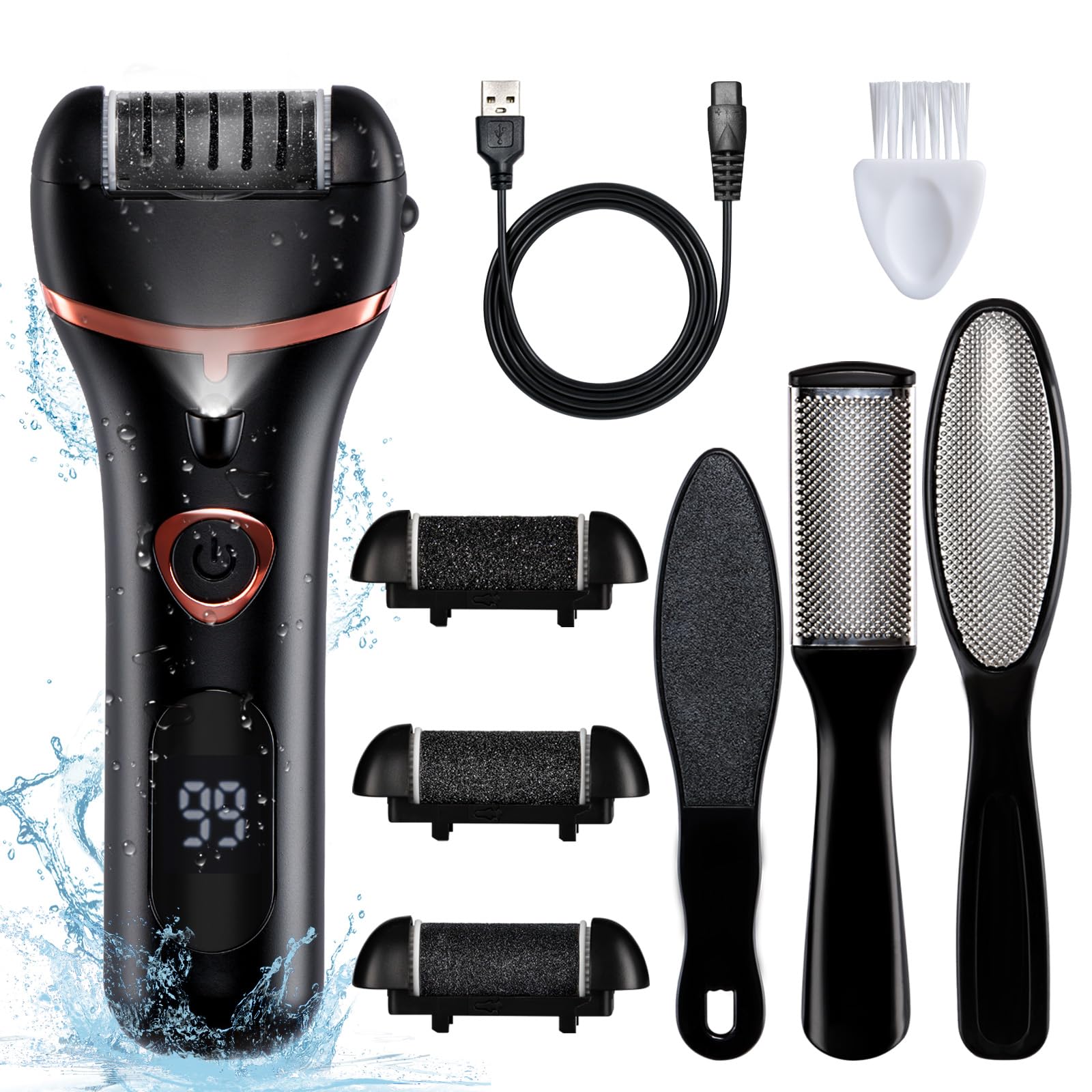 Bemece Electric Foot File, Hard Skin Remover Foot Electric with Pedicure Sets, USB Rechargeable with 3 Replacement Rollers, for Dead Skin, Heels Calluses-Black（Gifting Recommendation）