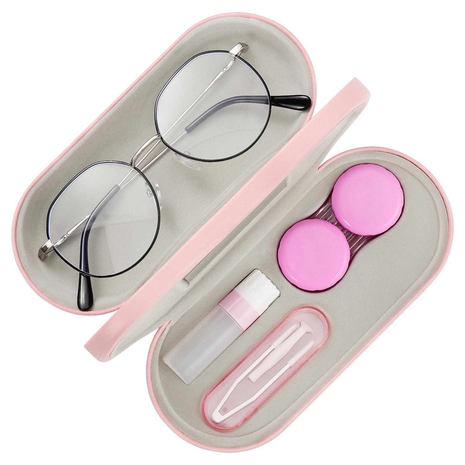 MoKo Double Eyeglass Case, Contact Lens Case with Mirror Tweezers Remover, 2 in 1 Double Sided Portable Contact Lens Box Holder Container Soak Storage Kit Sunglasses Pouch for Men & Women, Pink