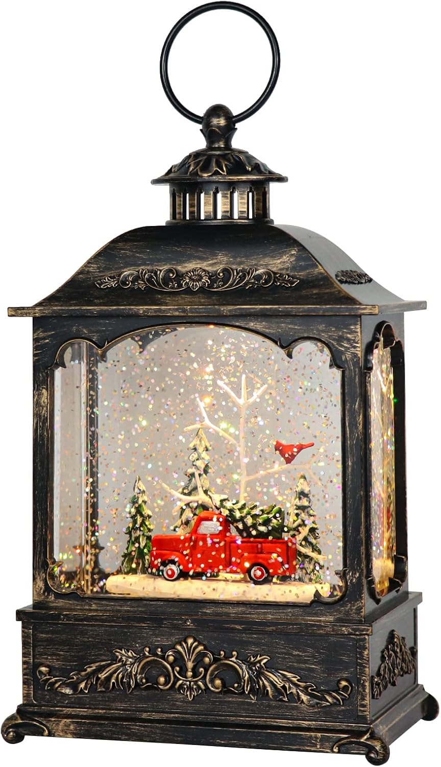 Snow Globes - GenSwin Musical Car Snow Globe Lantern with 6 Hour Timer, Battery Operated & USB Powered Singing Spinning Water Glittering Snow Globe Lantern Christmas Home Decoration Gift(9.6”,3 AA)