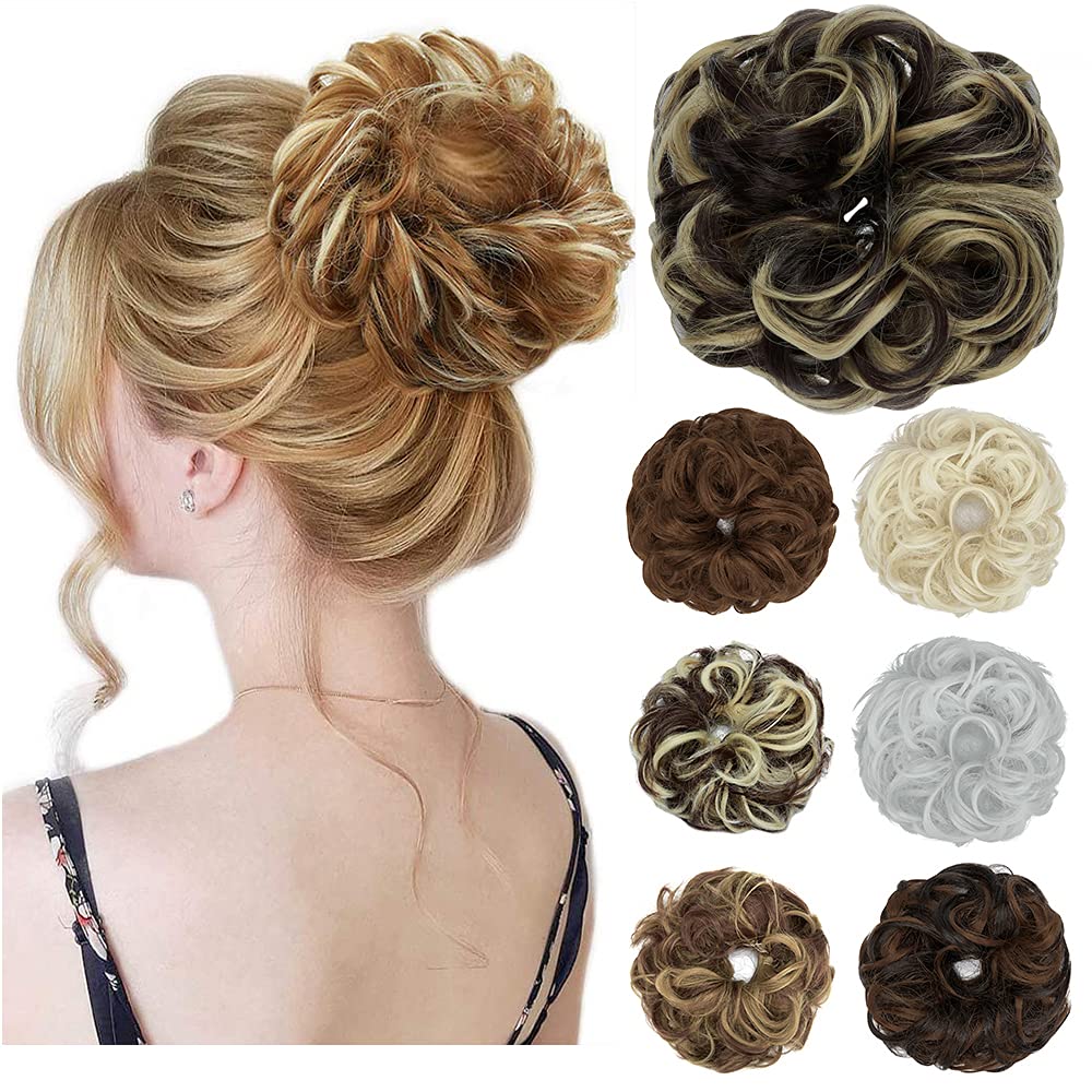 OMGREAT 1Pack Messy Hair Bun Scrunchies Extension Curly Wavy Fake Hair Buns Synthetic Chignon for Women Updo Hairpiece Dark Brown Mix Ash Blonde