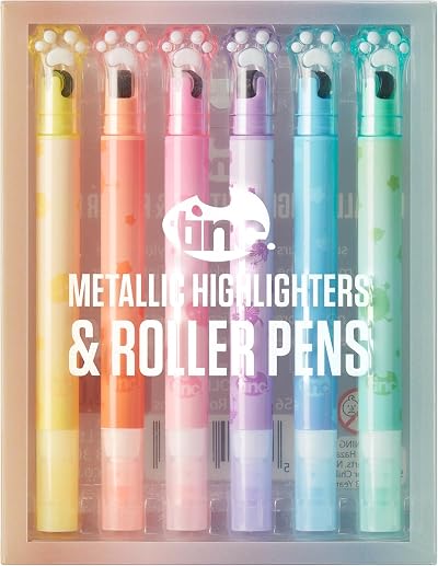 Tinc Set of 6 Cute Roller Print Metallic Highlighter Pens
