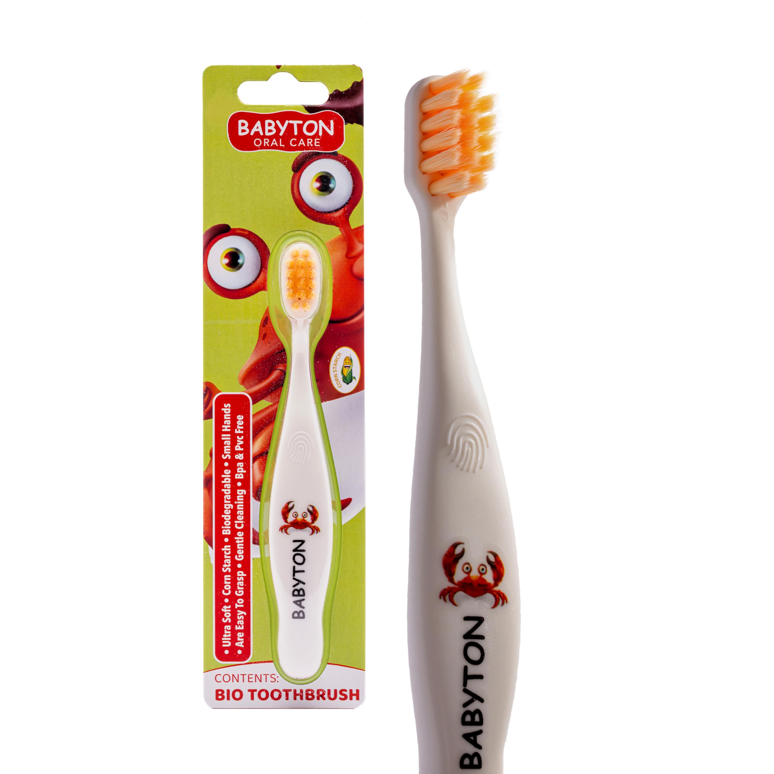 Babyton Bio Toothbrush - Eco-Friendly, Soft Bristles for Babies, Ergonomic Handle, Biodegradable Corn Cob Material (Crab)