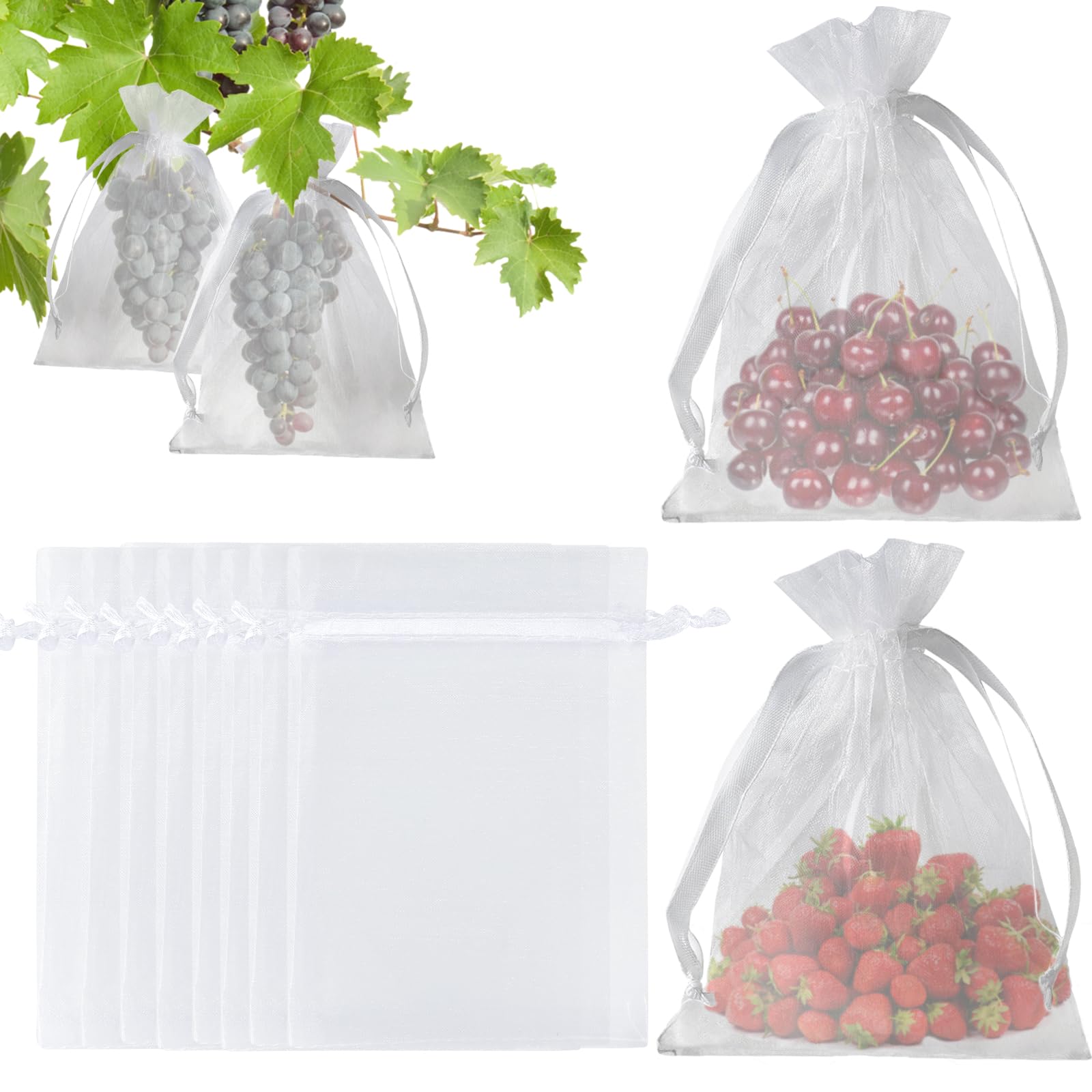 KINGLAKE 50Pcs Fruit Protection Netting Bags, White Organza Gift Bags Large, 17x23cm Garden Plant Protect Net Bags for Fruits Tree Strawberry Grape, Insects Barrier Vegetables Mesh Bags