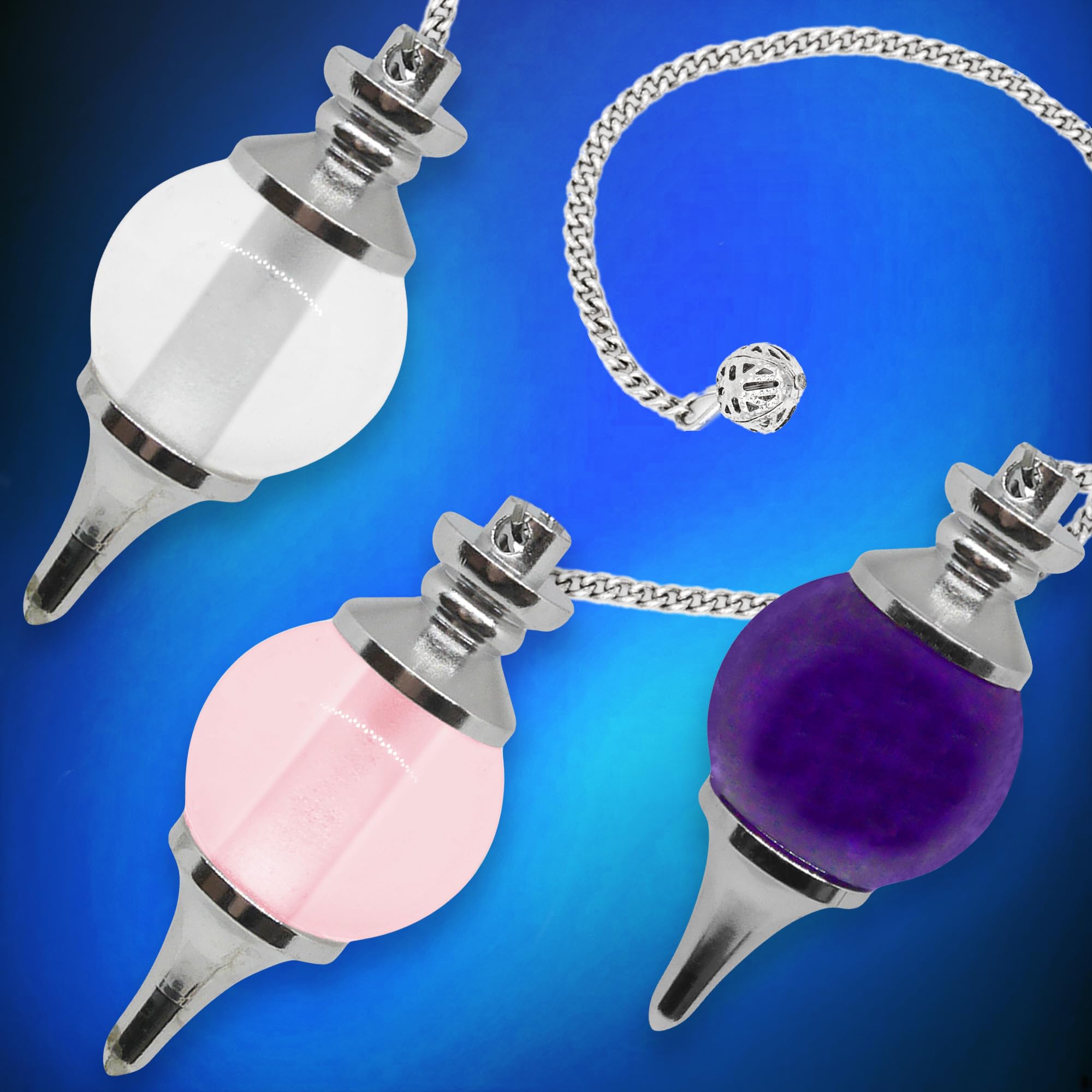 Vibratis - Set of 3 Rock Crystal, Rose Quartz & Amethyst Divinatory Radiesthesia Pendulums