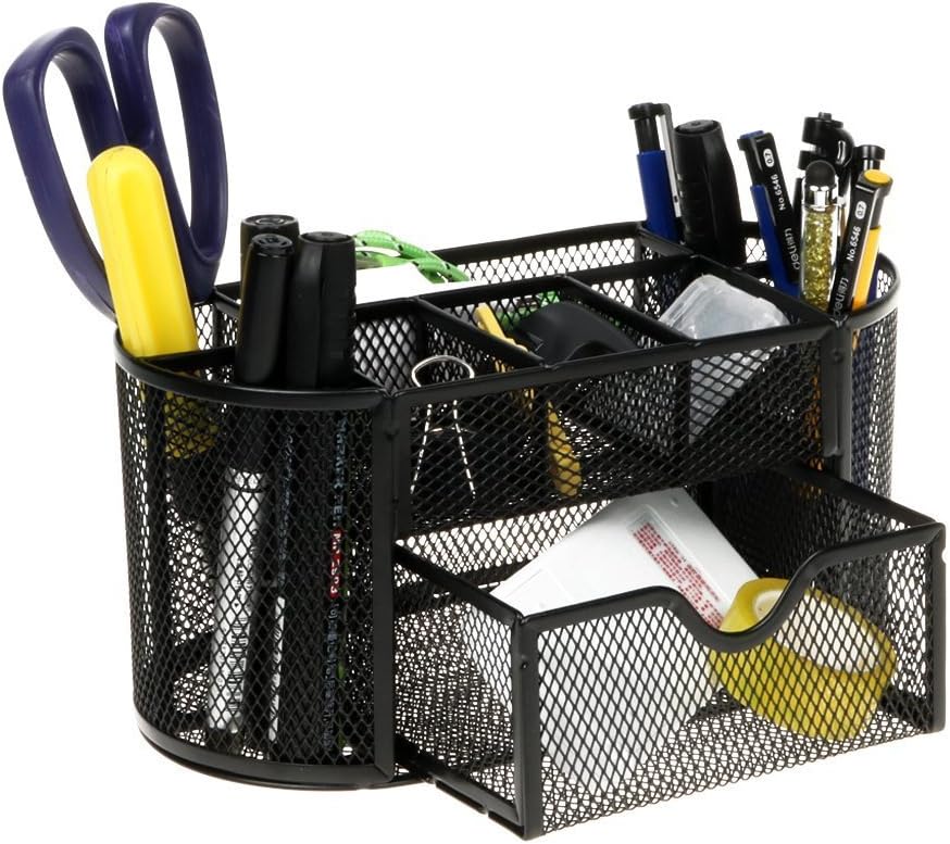 Office Supplies Mesh Desk Organizer Pen Holder with 8 Compartments and 1 Slide Drawer for Pen Pencil Scissors Desk Accessories Office Suply size 8.7"x 4.3"x 4.3"