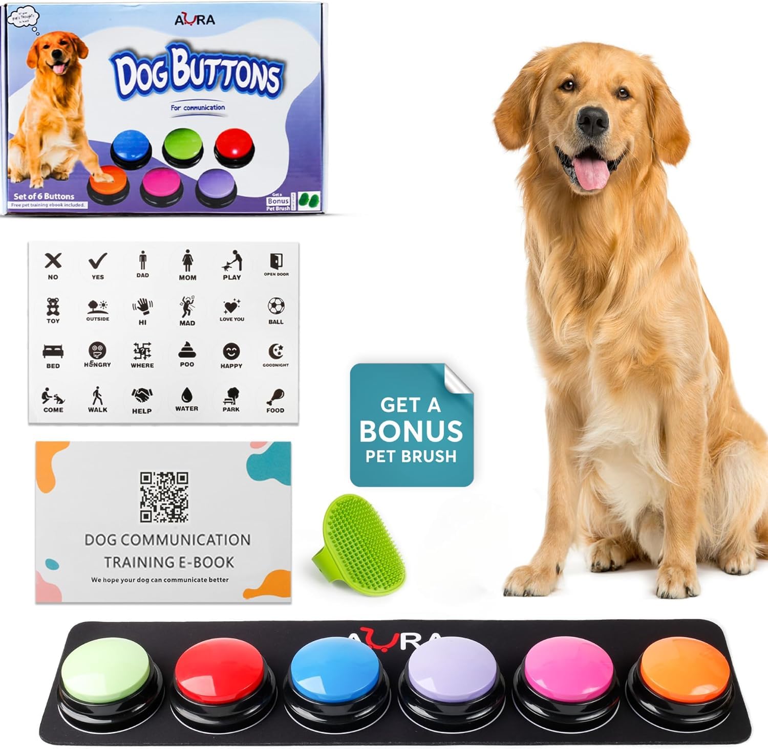 Photo 1 of A-URA Dog Buttons for Communication with Non-Slip Mat, HD Sound 30s Recordable Dog Talking Button Set with Training Guide eBook and 24 Stickers, Pet Talking Buttons for Dog Speaking (6pc)