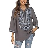 gosiea Mexican Embroidered Shirts for Women Bohemian Tops Peasant 3/4 Sleeve V Neck Shirt Tunic Blouses