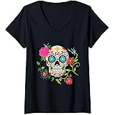 Womens Floral Sugar Skull Dia de los Muertos Day of the Dead V-Neck T-Shirt