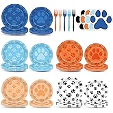 Justforjoyful 100Pcs Blue Dog Birthday Party Supplies Orange Blue Paw Paper Plates Paw Shaped Napkins Disposable Puppy Party Tableware Dinnerware Set for Birthday Dog Print Table Decor Serve 25