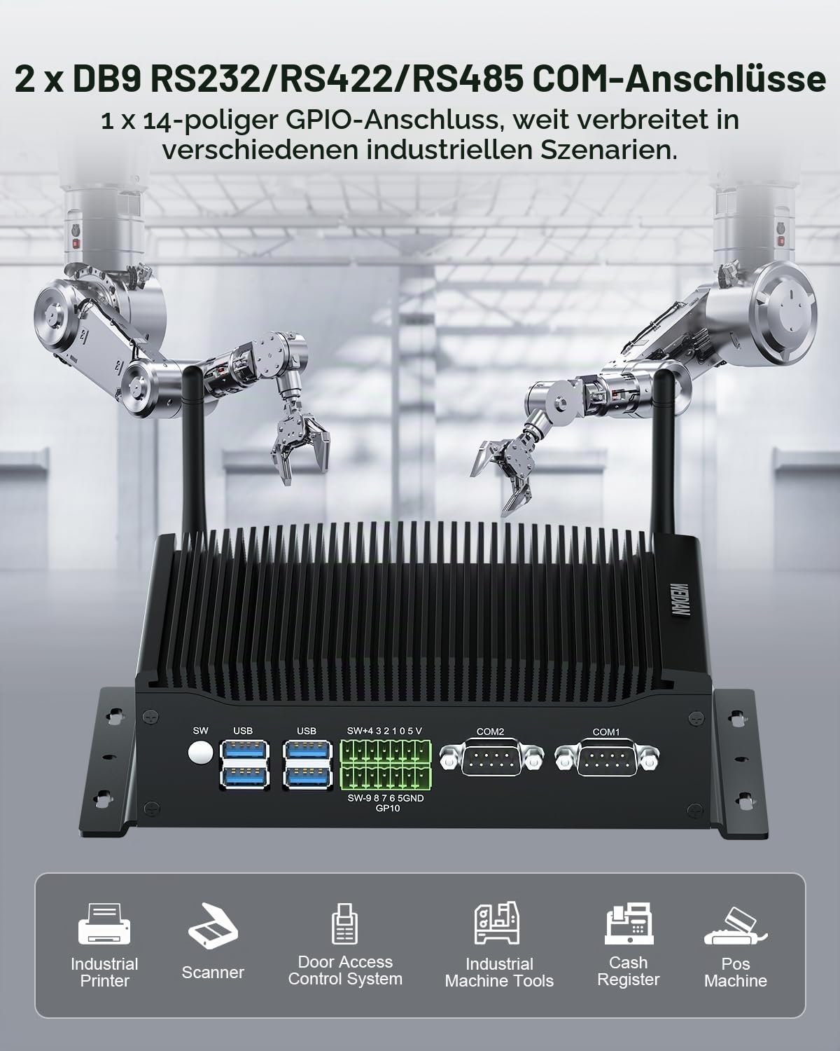 WEIDIAN Lüfterloser Mini PC, Industrie PC Core i7-10510U, Industrial Fanless Computer, 2HD+DP Triple Display, 2RS232 COM, 2RJ45 LAN, 6USB, GPIO, WiFi, BT, Win11/Linux/Ubuntu(16GB RAM 512GB SSD) 5